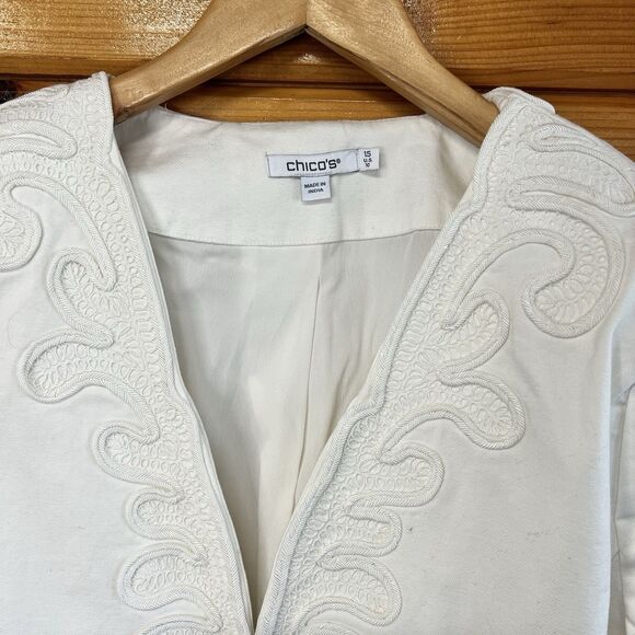Chico's Collarless Longsleeve Soutache-Trim Jacket White Sz 10 MSRP $179.50 - Picture 2 of 6